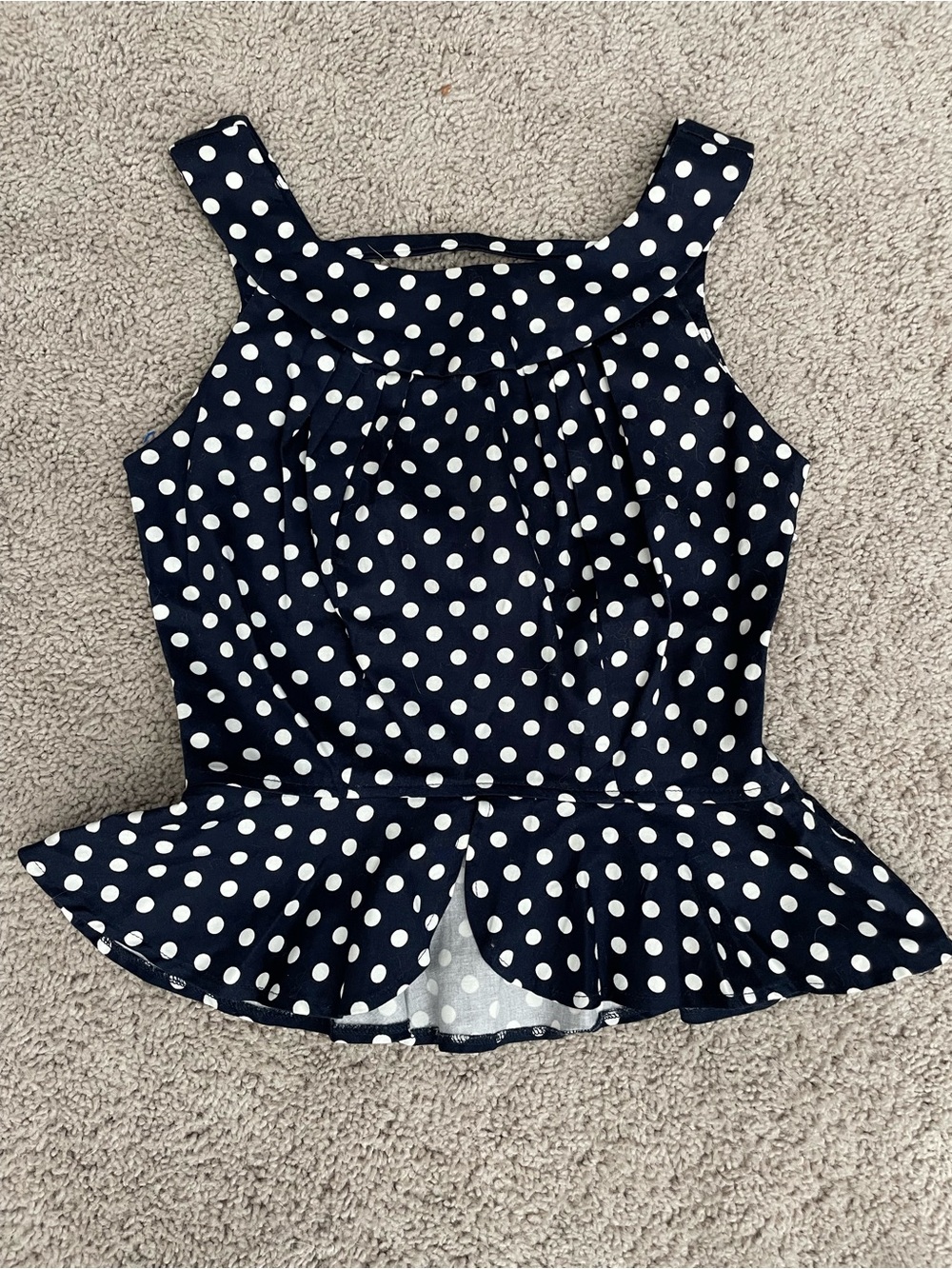 Bettie Page by Tatyana Vintage Navy & White Polka Dot Cage Back Peplum Top